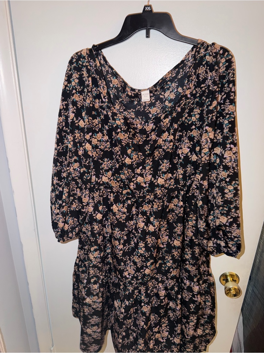 Long Sleeve Black Floral Midi Dress with Pink Bloom